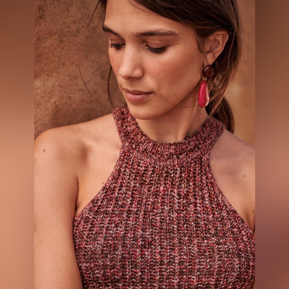 Sezane Jessica Pink Plum Glitter Knit Halter Tank Top